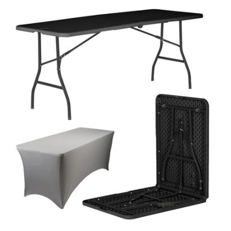 Image of Harbour Housewares Folding Camping Picnic Table With Fitted Tablecloth - 180Cm (6ft) - Black/grey - Portable Plastic Outdoor Party Display