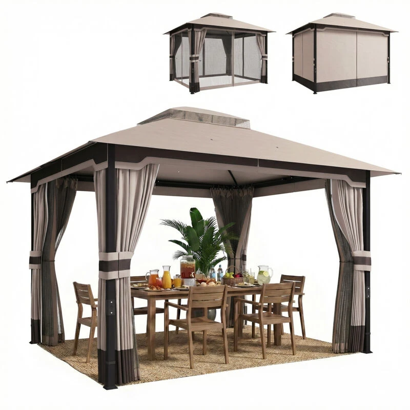 Image of OUTSUNNY 3 x 3.6 m Outdoor Garden Gazebo with Netting, Curtains, Khaki Size: 3m x 4m Khaki Unisex 3m x 4m