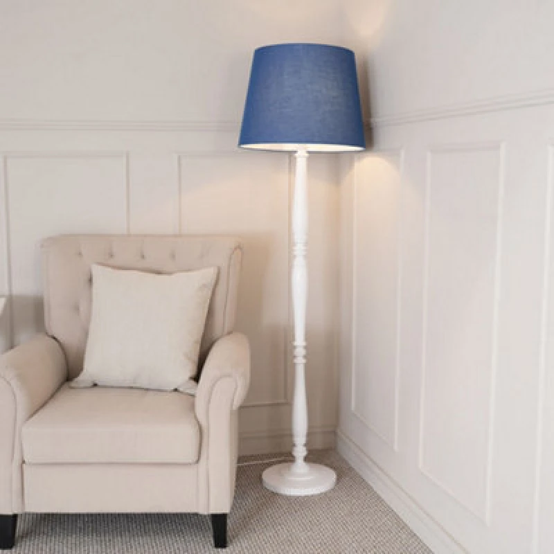 Image of ValueLights Victoria White Wood Traditional Floor Lamp with Fabric Tapered Shade and Bulb Blue