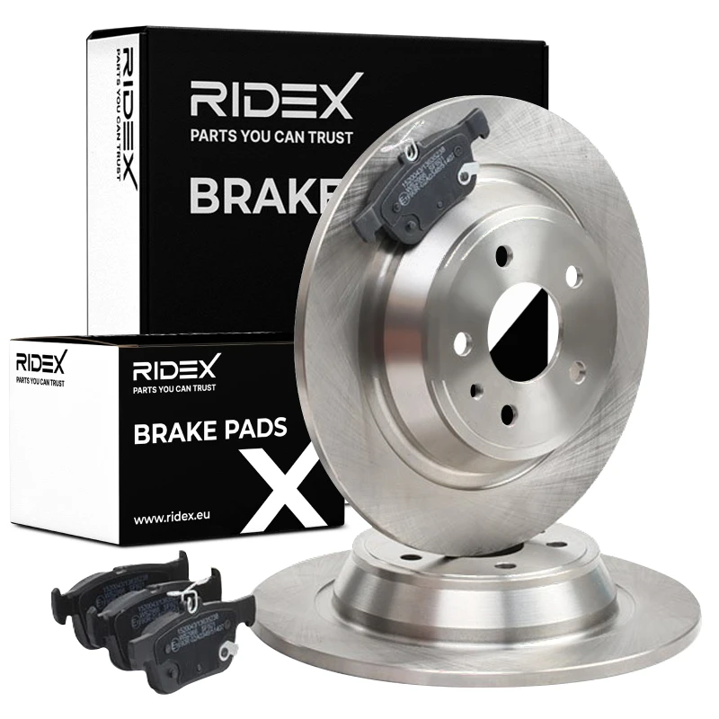 Image of RIDEX 3405B1054 Brake disc and pads set Rear Axle, Brake Disc Type: Solid, with acoustic wear warning Brake Set,disc brakes (3405)