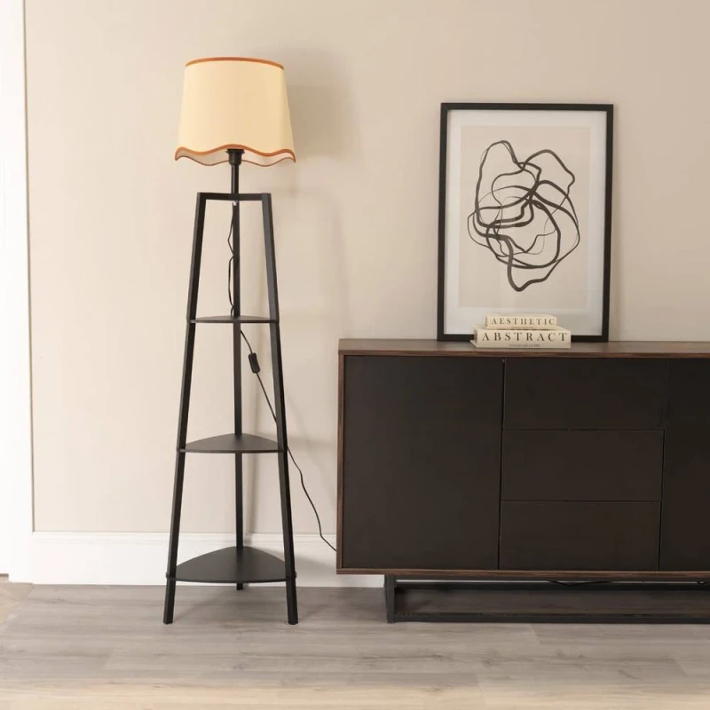 Image of ValueLights Hiru Black Three Tier Wooden Floor with Linen Trim Scallop Tapered Shade & Bulb Burnt Orange