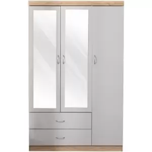 image of Hmd Furniture - Wooden Mirrored Wardrobe with 3 Doors and 2 Drawers, Hanging Rail and Space Saving for Bedroom Furniture,114x51x182.5cm(WxDxH) - Grey