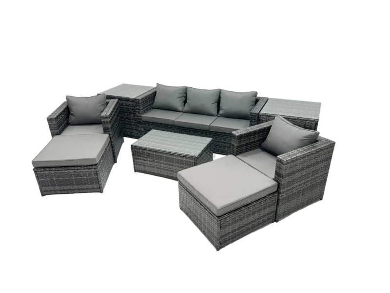 Image of Fimous Outdoor Coffee Table Sofa Set with 2 Side Tables 2 Big Stools in Dark Grey Dark Grey Unisex