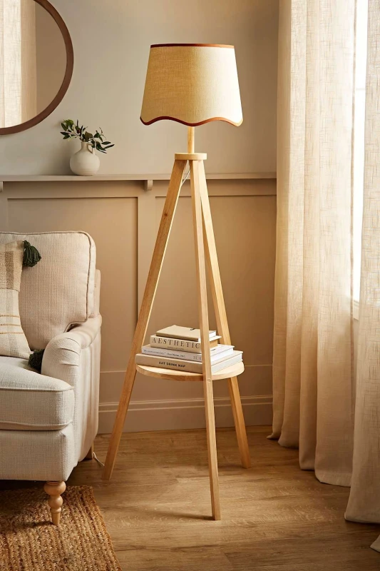 Image of ValueLights Morrigan Light Wood Tripod Floor Lamp with Scallop Trim Tapered Lamp Shade Burnt Orange