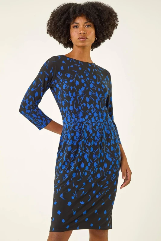 Image of Roman Womens Floral Pleat Pocket Front Stretch Dress Size: 14 Multicolor Female 14
