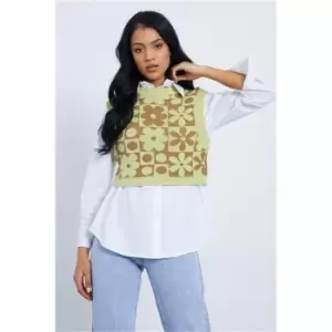 Image of I Saw It First Lime Green Flower Jacquard Cropped Knitted Vest - Green