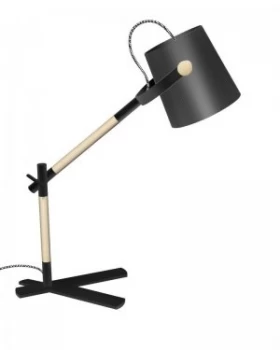 image of Table Task Lamp with Black Shade 1 Light E27, Matt Black, Beech with Black Shade