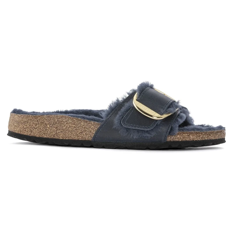 Image of Birkenstock Womens mules Birkenstock Madrid Big Buckle Shearling Oiled Leather Bleu Female 37 Etroit