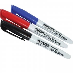 image of Faithfull Fine Tip Permanent Marker Pen Assorted Pack of 3