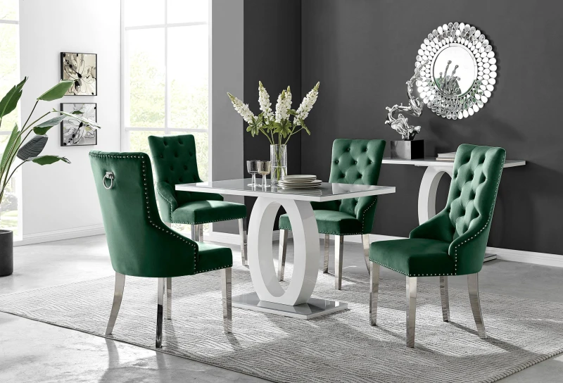 Image of FurnitureboxUK FurnitureboxUK Giovani 4 Grey Dining Table & 4 Velvet Belgravia Chairs in Green Green One Size Unisex 5056784303849
