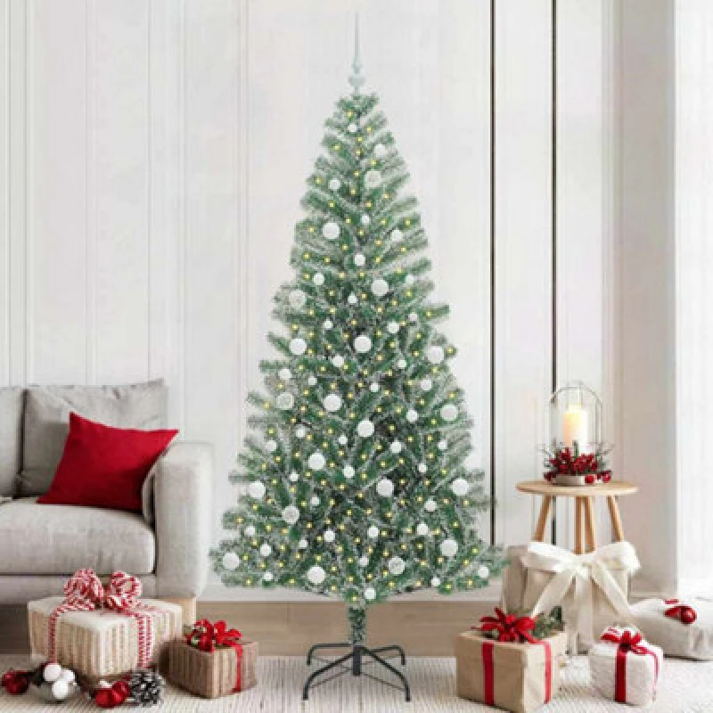 Image of vidaXL Artificial Christmas Tree Snow Flocked with LED Light, White Balls 210 cm, Green 3396827