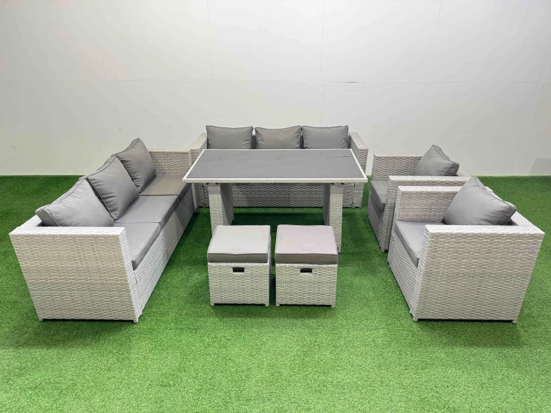 Image of Fimous 10 Seater Outdoor Dining Table 3 Seater Sofa Set with 2 Small Stools in Light Grey Light Grey Unisex