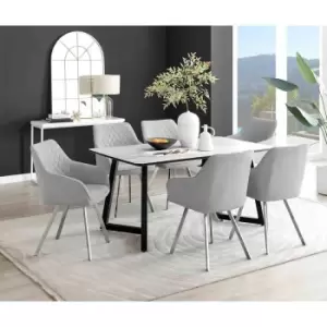 Image of Furniture Box Carson White Marble Effect Dining Table and 6 Light Grey Falun Silver Leg Chairs