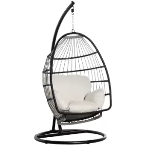 Image of Outsunny Rattan Hanging Egg Chair with Folding Design, Weave Swing Hammock with Cushion and Stand for Indoor Outdoor, Patio Garden Furniture, Black