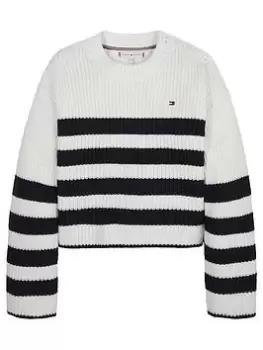 image of Tommy Hilfiger Girls Nautical Striped Sweater - White/multi, White/Multi, Size Age: 12 Years, Women