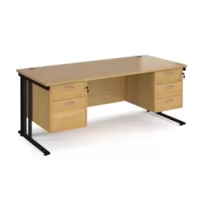 Image of Office Desk Rectangular Desk 1800mm With Double Pedestal Oak Top With Black Frame 800mm Depth Maestro 25 MCM18P23KO