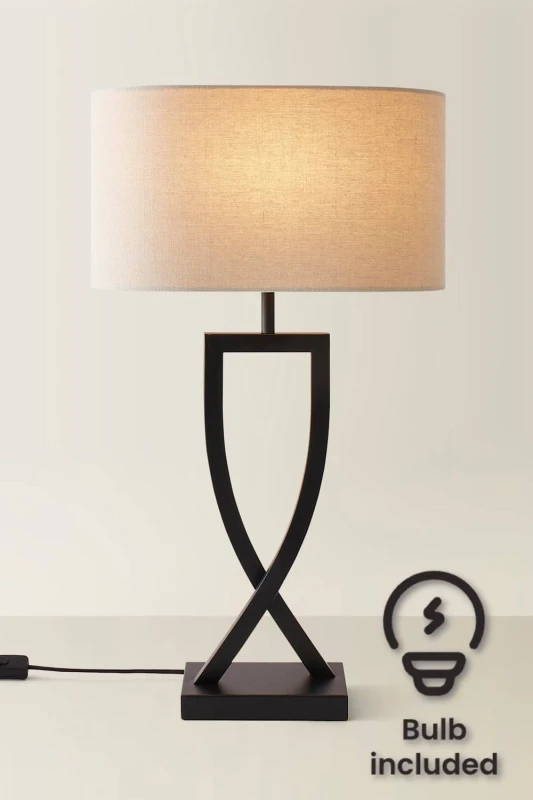 Image of ValueLights Katniss Metal Industrial Tall Table Lamp with Linen Shade & Bulb in Black Unisex