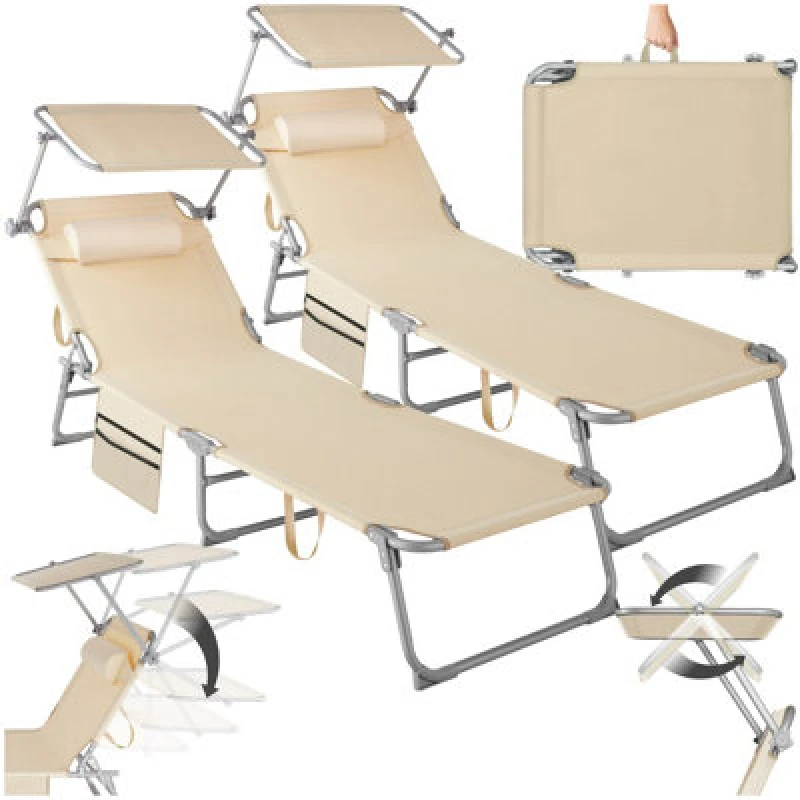 Image of Tectake 1 Set Of 2 Sun Loungers - Foldable, Adjustable Sun Canopy - Beige