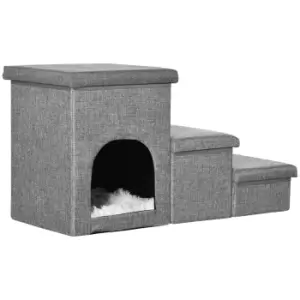 Image of PawHut Dog Steps 3-step Pet Stairs with Kitten House and 2 Storage Boxes, 3 in 1 Dog Ramp for Sofa with Washable Plush Cushion