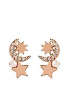 Radley Rose Gold Tone Sterling Silver And Pearl Detail Moon And Star Ladies Drop Earrings