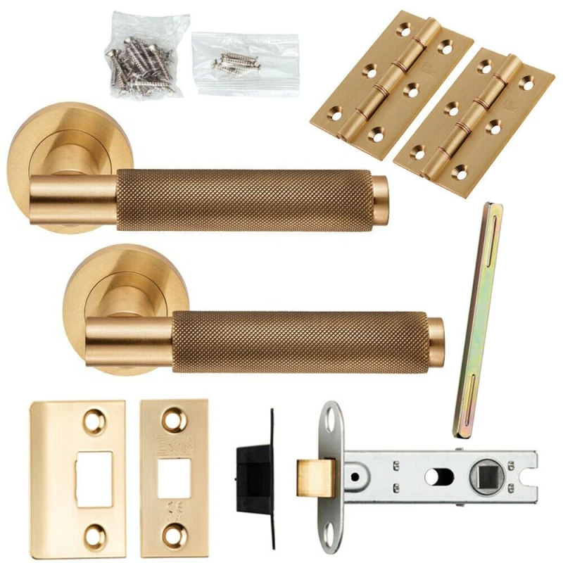 Image of Loops Door Handle & Latch Pack Satin Brass Knurled Round Lever Screwless Round Rose Metallics