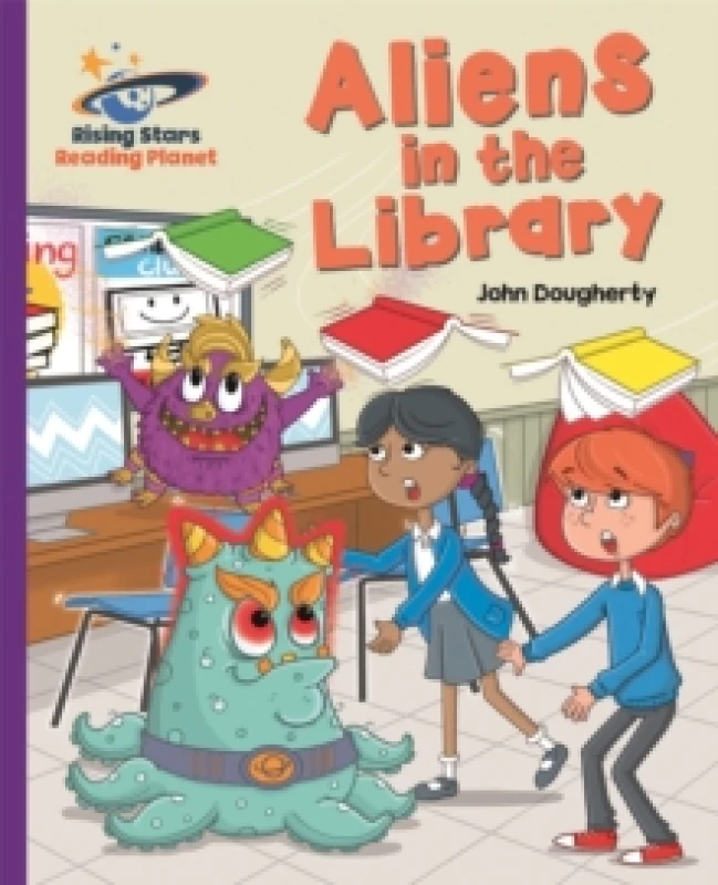 Image of John Dougherty Reading Planet - Aliens in the Library - Purple: Galaxy Book Multi unisex