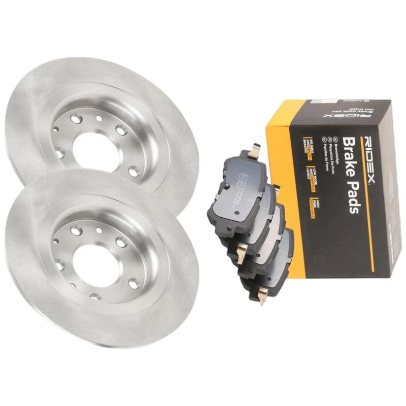 Image of RIDEX 3405B2481 Brake disc and pads set Rear Axle, Brake Disc Type: Solid, with acoustic wear warning Brake Set,disc brakes (3405)