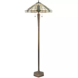 image of 1.6m Tiffany Multi Light Floor Lamp Antique Brass & Stained Glass Shade i00021