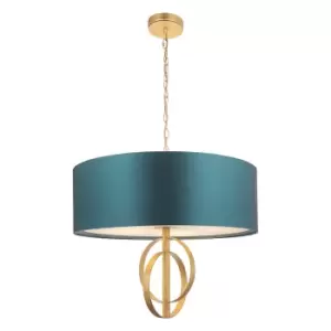 image of Trento 5 Light Ceiling Pendant Antique Gold Leaf & Teal Satin Fabric