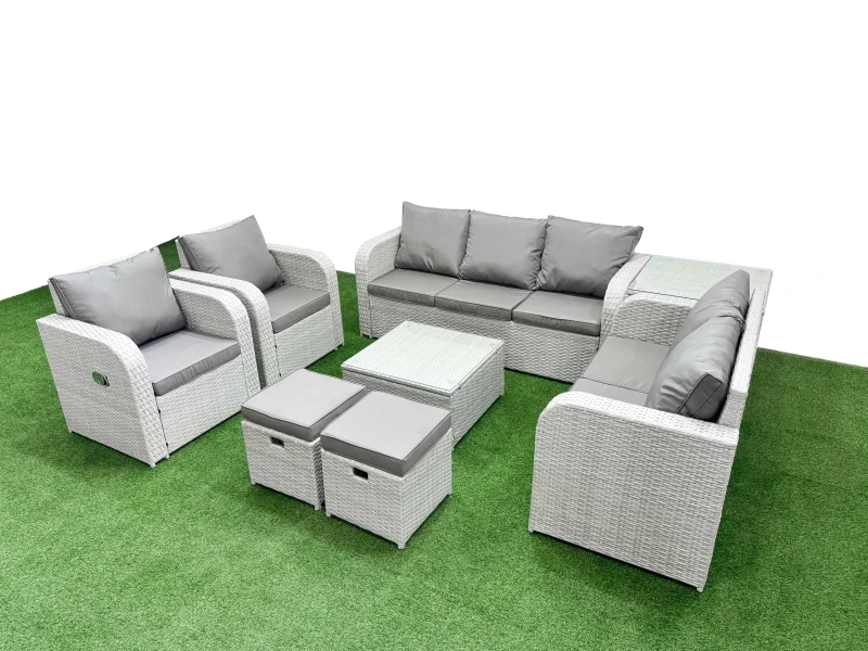 Image of Fimous PE Rattan Garden Furniture Set Adjustable Chair Sofa Double Love Seat 2 Seater Sofa Lounge Set Square Coffee Table 2 Stools Side Table Light Gr