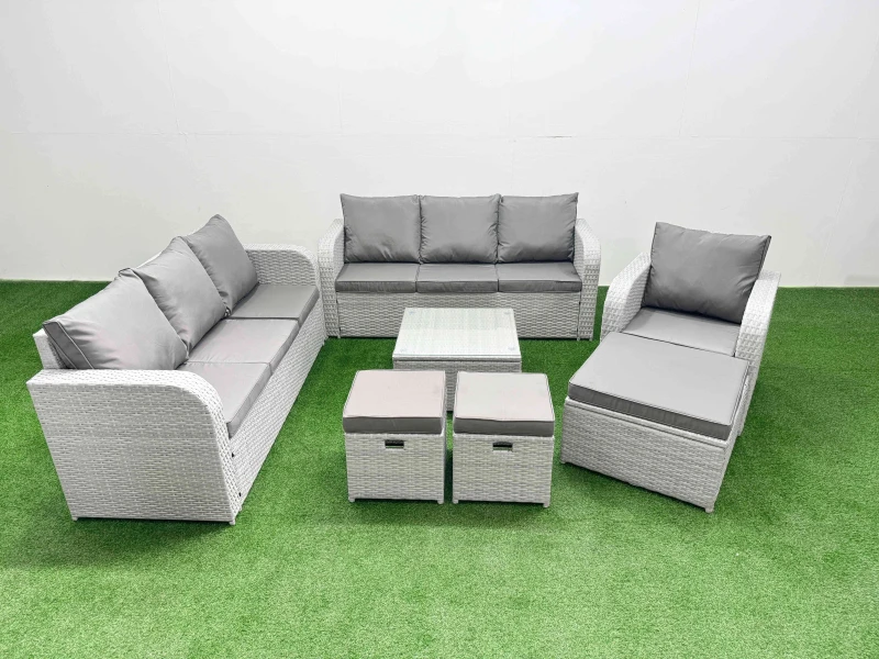 Image of Fimous 10 Seater Poly Rattan Outdoor Garden Furniture Square Coffee Table Sofa Set Patio 3 Seater Sofa Reclining Chair 3 Seater Sofa 3 Stools Light Gr