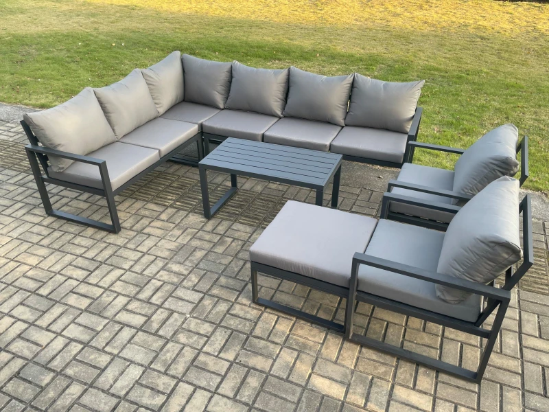 Image of Fimous Aluminium Garden Furniture Set Outdoor Indoor Lounge Corner Sofa 2 Pcs Chair Oblong Coffee Table Sets with Big Footstool Dark Grey Dark Grey Un