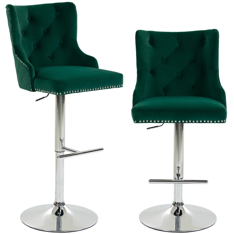 Image of HOMCOM Bar Stools Set of 2, Modern Swivel & Adjustable Velvet Barstools with Button-Tufted Back, Footrest for Home Bar, Green