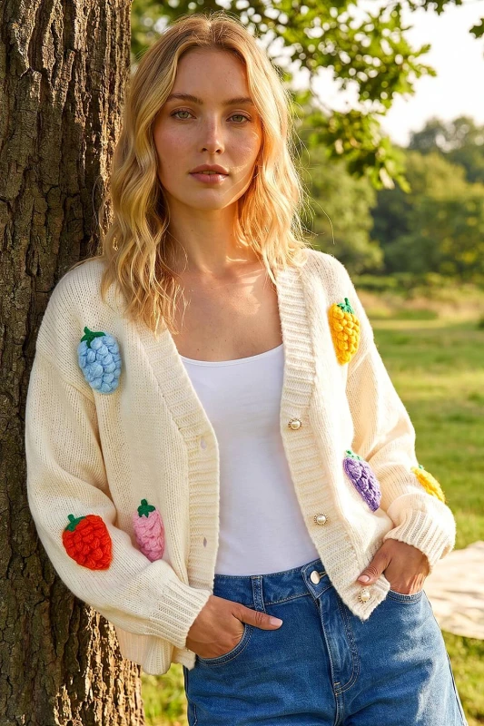 Image of Roman Womens Fruit Embroidered Knit Cardigan in Ivory Size: Small Ivory Female S