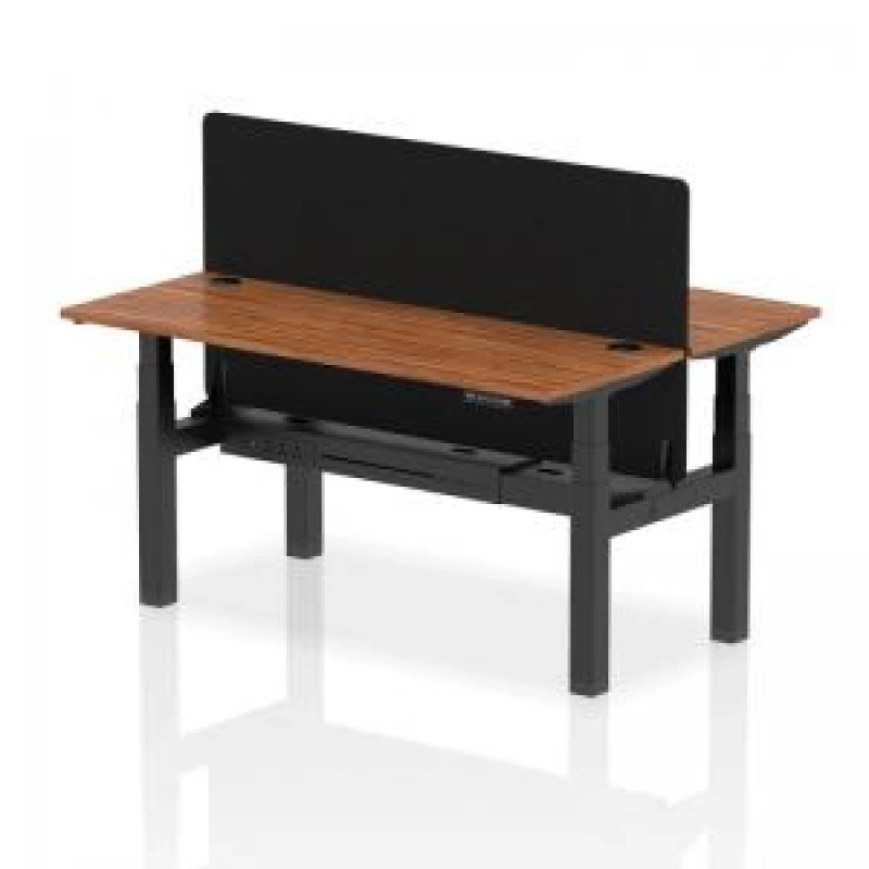 Image of Air Back - to - Back 1600 x 600mm Height Adjustable 2 Person Bench Office Desk Walnut Top - Cable Ports Black Frame - Black Straight Screen