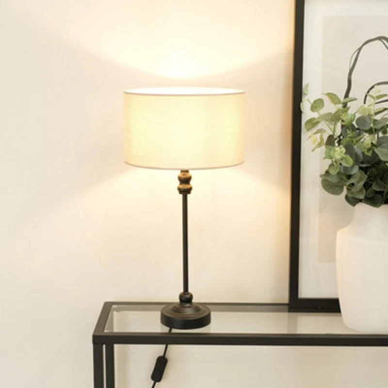 Image of ValueLights Maggie Black Metal Candlestick Slim Table Lamp with Fabric Drum Lamp Shade Natural
