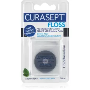 image of Curasept Dental Tape Waxed Classic Black Waxed Ribbon Floss With Antibacterial Ingredients Mint 50 m