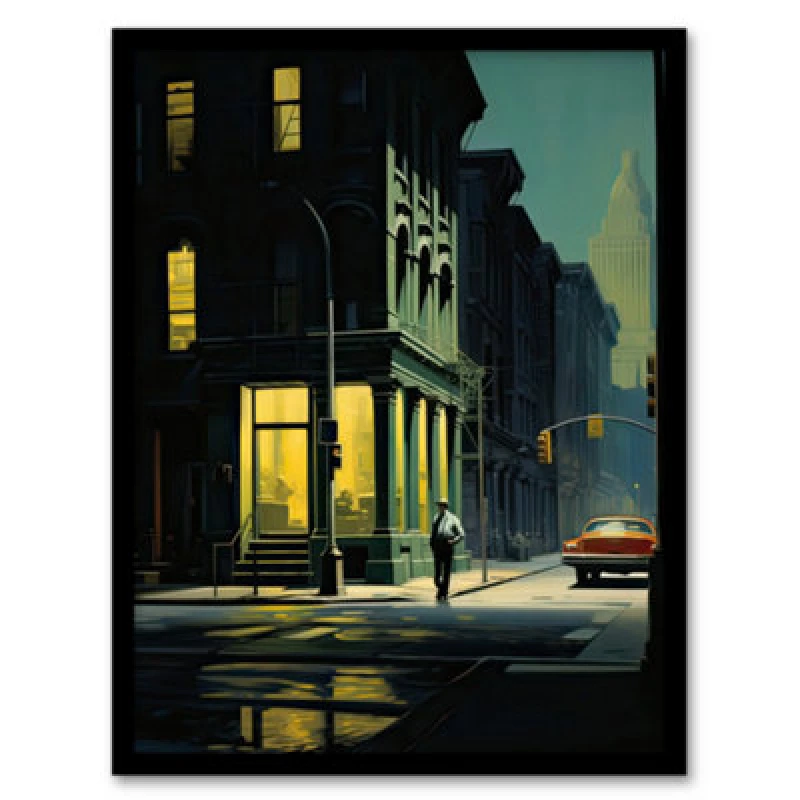 Image of Wee Blue Coo New York At Dawn Edward Hopper Style Painting 12X16" Framed Wall Art Print