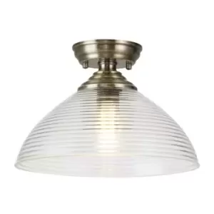 image of Luminosa Talisa Flush Ceiling Lamp E27 With Round 33.5cm Prismatic Effect Glass Shade Antique Brass, Clear