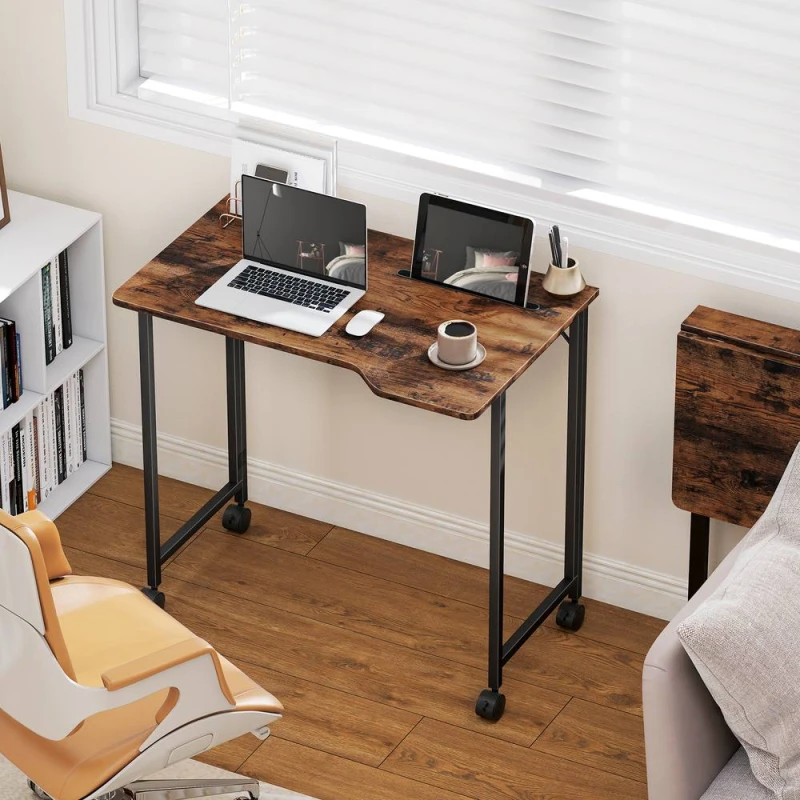 Image of HOMCOM Small Writing Desk with Wheels, Folding Study Table in Brown Brown Unisex