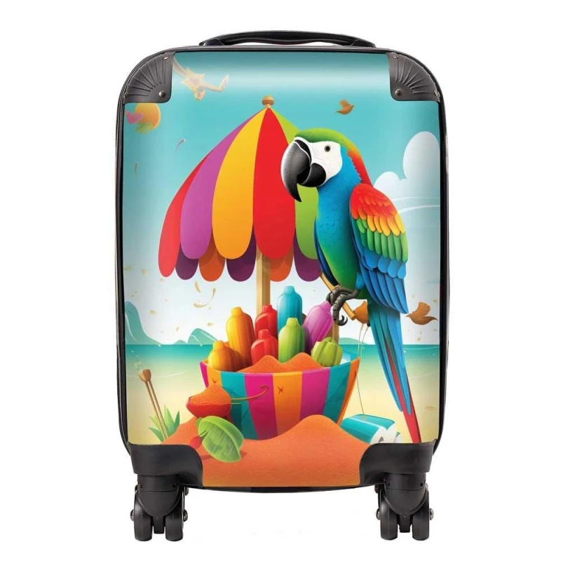 Image of Warren Reed - Designer Parrot On A Beach Holiday Suitcase in Yellow Size: Small Yellow Unisex Small