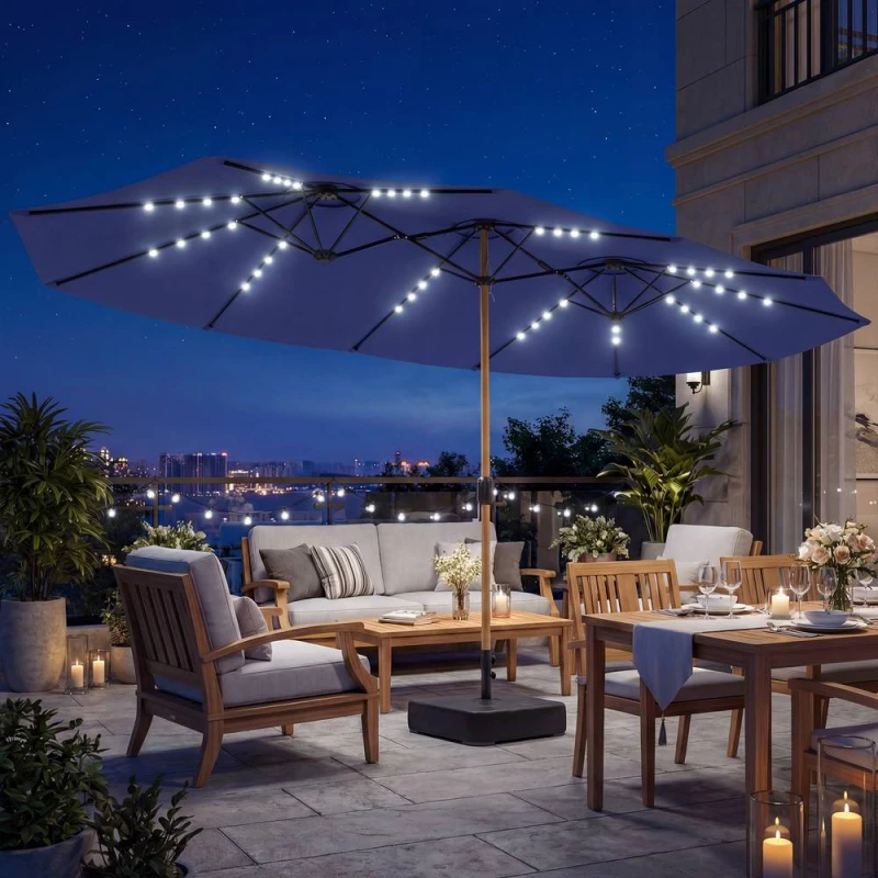 Image of OUTSUNNY 4.6m Double Sided Garden Parasol with 48 Solar LED Lights in Dark Blue Size: 4.5m Dark Blue Unisex 4.5m