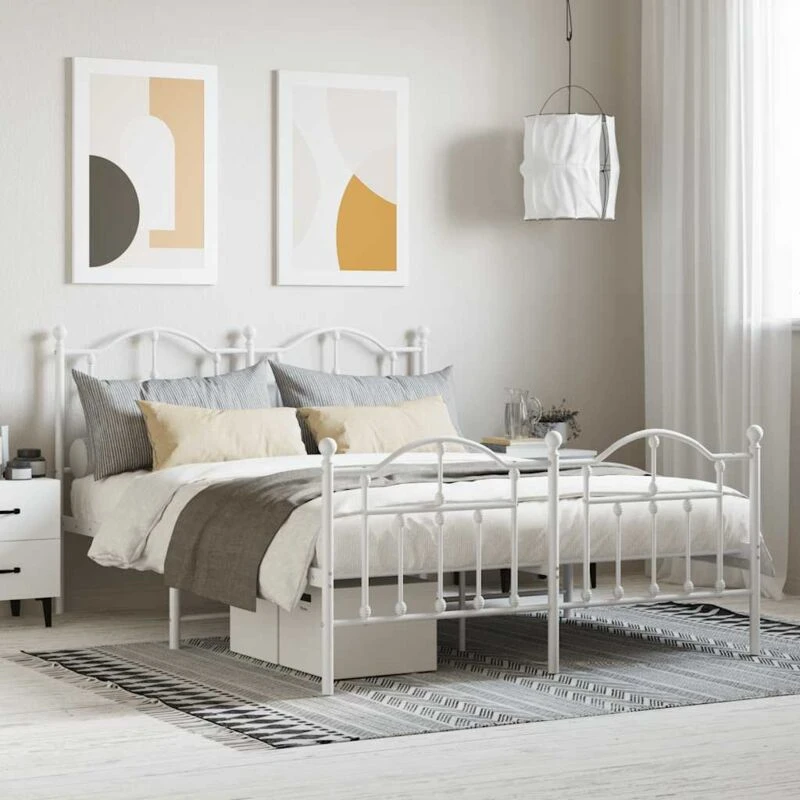 Image of Vidaxl Metal Bed Frame Without Mattress With Footboard White 140X190 Cm, White 353506