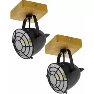 Image of 2 pack Wall / Ceiling Light Black & Wood Adjustable Spotlight 1x 40W E14