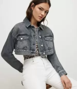 Image of AllSaints Womens Womens Cotton Relaxed Fit Mon Cropped Denim Jacket, Black, Size: 6, Black