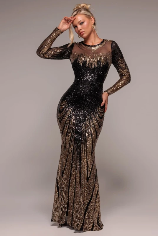 Image of Goddiva Womens Long Sleeve Aztec Sequin Maxi in Gold Size: 8 Gold Female 8