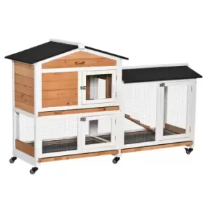 Image of Pawhut Wooden Rabbit Hutch Guinea Pig Cage With Wheels Run Slide-out Tray Ramp - Yellow