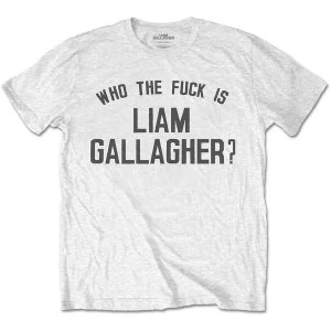 image of Liam Gallagher - Who the Fuck? Mens Small T-Shirt - White