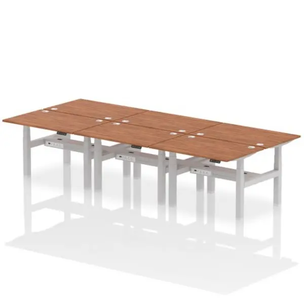 Image of Air Air Back-to-Back 1200 x 800mm Height Adjustable 6 Person Bench Desk Walnut Top with Cable Ports Silver Frame HASCP6P12800WNTS