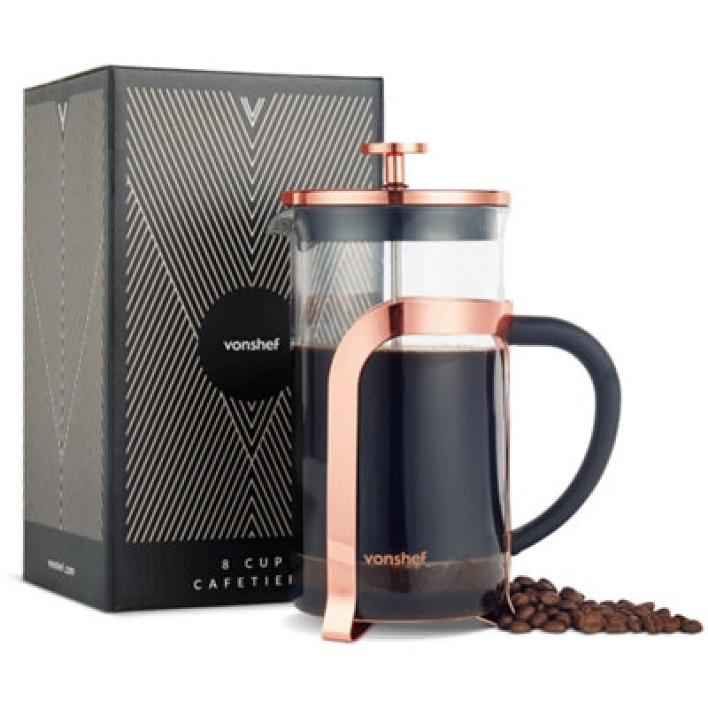Image of VonShef 1L Heat Resistant Glass French Press 8 Cup Cafetiere Rose Gold